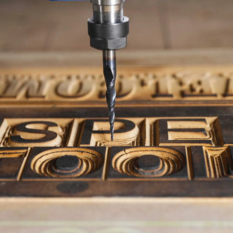 SpeTool tapered ball-nose spiral router bit, metal; 1.0 mm tip diameter, cutting carved wood letters