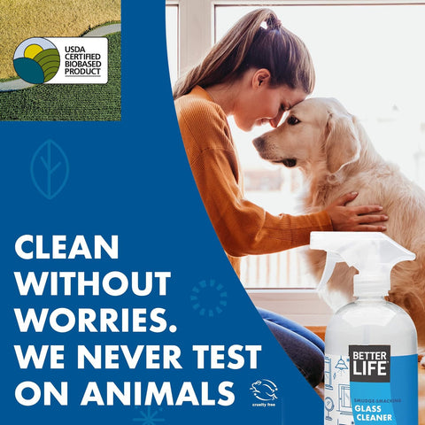 Woman with dog next to Streak Free Glass Cleaner Spray For Windows, Mirrors, Screens And Shower Doors, 32 Oz Pack Of 2 bottle
