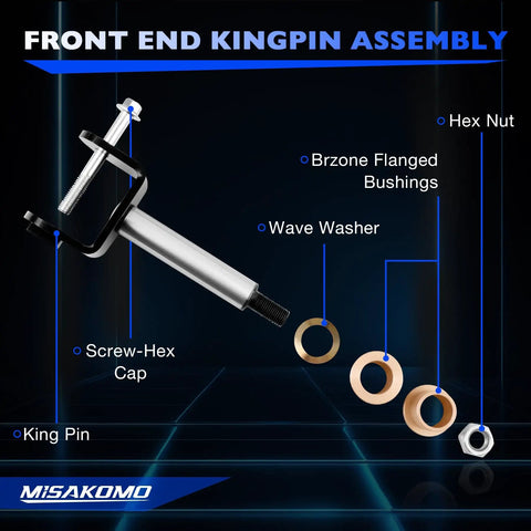 Front End King Pins Repair Kit For 2003.5 Up Precedent Gas And Electric Golf Carts with bushings, wave washer, hex nut visible