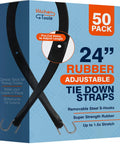 Box of Heavy Duty Rubber Bungee Cords With Hooks, 24 Inch Adjustable, 50 Pack, Outdoor Flatbed Tarp Straps, displaying design details.