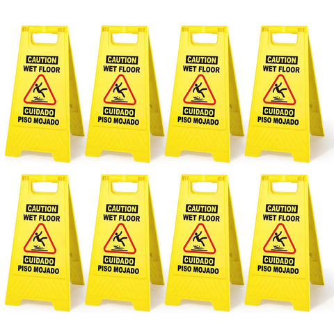 8 Pack Caution Wet Floor Signs, 17.5 Inch Yellow Safety Warning Signs For High Traffic Areas arranged in a grid formation