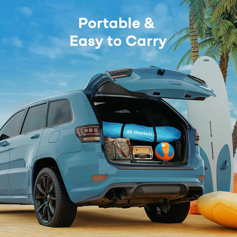 Trunk with Beach Cabana With UPF50 Plus Sun Shield 8x8 Or 10x10 Canopy Tent, surfboard, and sports gear packed for a trip