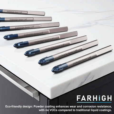 Front view of FarHIGH glass and tile drill bits, 6 mm (1/4 in), 10-pack, tungsten carbide tipped