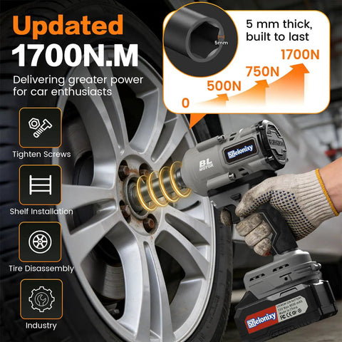 1/2 Inch Brushless Cordless Impact Wrench Packs Badass 1700Nm High Torque For Heavy Duty Jobs, tightening wheel bolts.