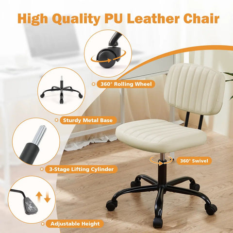 Small Armless Office Desk Chair With Comfy PU Leather Cushioned Seat And Lumbar Support, Height Adjustable Rolling Swivel Task Chair For Adults And Students, Perfect For Home Office Bedroom Vanity Beige White showcasing features like 360° swivel, rolling wheels, and adjustable height.
