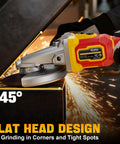 Flathead Angle Grinder For Tight Spaces With DeWalt 20V Battery Compatibility, angled at 45 degrees grinding metal edge