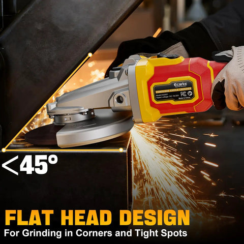 Flathead Angle Grinder For Tight Spaces With DeWalt 20V Battery Compatibility, angled at 45 degrees grinding metal edge