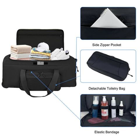 Front view of black 120L rolling duffle bag with wheels and handles, main compartment filled with clothes