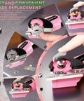 SamtuFast Cordless Electric Scissors showing blade replacement steps, pink lightweight rotary box cutter with ergonomic grip.