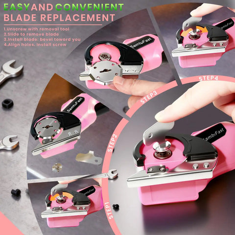 SamtuFast Cordless Electric Scissors showing blade replacement steps, pink lightweight rotary box cutter with ergonomic grip.