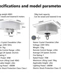 Specifications for Heavy Duty Electric Chandelier Hoist With Remote And Wall Switch 6 Meter Lift For High Ceiling Living Room.