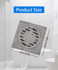 Fifty Pack Disposable Drain Sticker Hair Catcher That Hits Different With Heavy Duty Mesh And Straight Up Kicks Clogs To The Curb For Showers Sinks And Bathtubs Easy Peel Adhesive Screen measuring 10cm x 10cm on a bathroom floor.