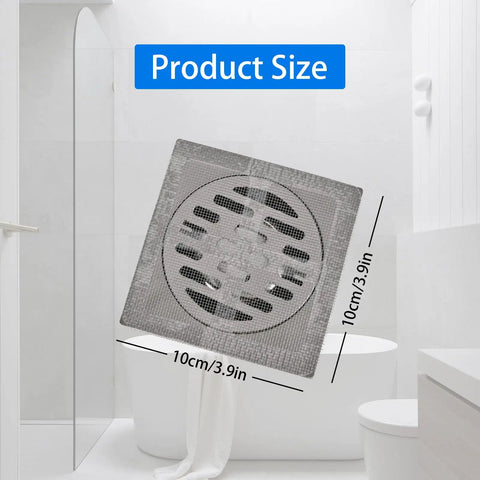 Fifty Pack Disposable Drain Sticker Hair Catcher That Hits Different With Heavy Duty Mesh And Straight Up Kicks Clogs To The Curb For Showers Sinks And Bathtubs Easy Peel Adhesive Screen measuring 10cm x 10cm on a bathroom floor.