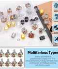 WH148 Dual Linear Rotary Taper Potentiometer Kit With Knobs 50 Pcs Including 1K 5K 10K 50K 100K 250K 500K 1M Ohm displayed in a box