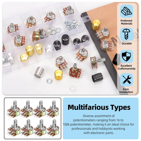 WH148 Dual Linear Rotary Taper Potentiometer Kit With Knobs 50 Pcs Including 1K 5K 10K 50K 100K 250K 500K 1M Ohm displayed in a box