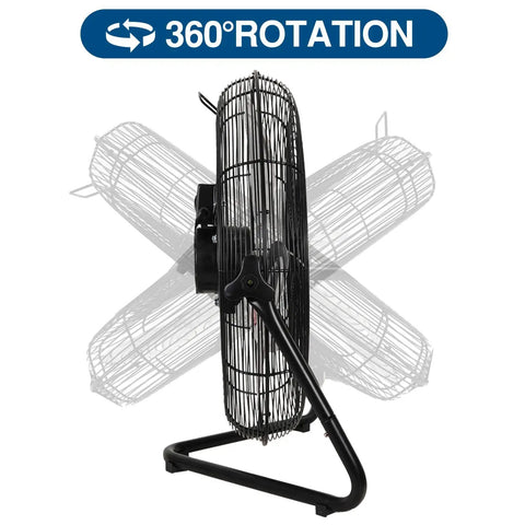 Built Tough 20 Inch Heavy Duty Floor Fan With Three Speed Settings Delivers 3900 To 4650 CFM. Side view showing 360-degree pivot.