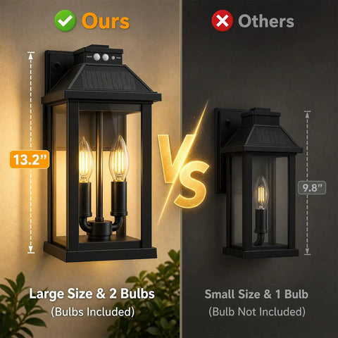 Comparison of Super Bright Solar Porch Lights With Smart Motion Sensor Sconce 13.2 inches tall versus smaller version 9.8 inches.