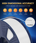 PLA Plus 2.0 1.75mm Filament Bundle, white spool, dimensional accuracy 0.02mm, benefits icons displayed above.