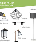 Various lighting fixtures including wall sconces, pendants, string lights, floor lamps, and table lamps for open fixtures.