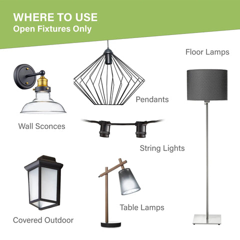 Various lighting fixtures including wall sconces, pendants, string lights, floor lamps, and table lamps for open fixtures.