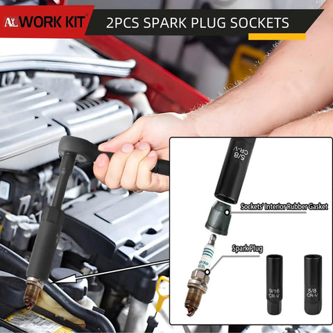 Hand using 2pcs spark plug sockets on car engine with tool details inset.