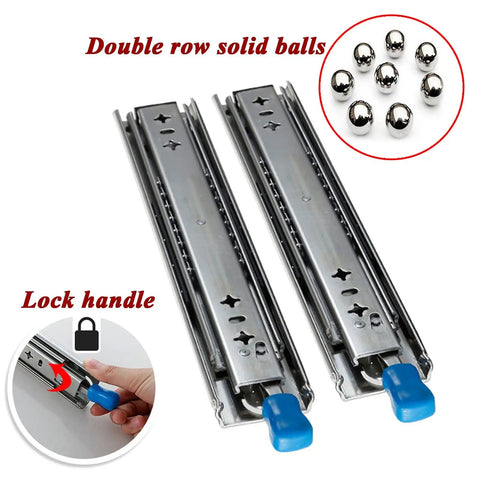Heavy Duty Drawer Slides With Lock 16 Inch Full Extension Metal Glides 3 Fold Ball Bearing Runners with lock handle