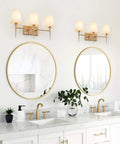 Three Light Gold Vanity Light Fixture With White Fabric Shade For Modern Bathroom in stylish setup