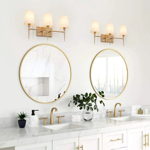 Three Light Gold Vanity Light Fixture With White Fabric Shade For Modern Bathroom in stylish setup