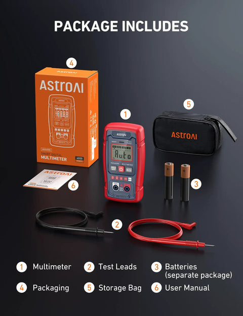 Pocket Sized 4000 Count Digital Multimeter With Auto Sensing AC DC Voltage, Resistance, Continuity, NCV, Backlit Display And Built In Flashlight, No Brainer Auto Ranging For Auto And Home Troubleshooting package includes multimeter, leads, bag, manual