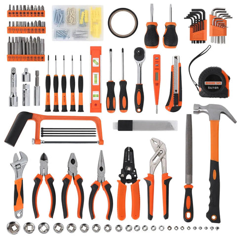 236 Piece Tool Set With Plastic Storage Case For Auto Repair And Home DIY Wrenches Sockets Screwdrivers Pliers And More Durable Chrome Finish Anti Corrosion Comfortable TPR Grips displayed on table