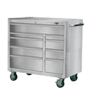Top Shelf 9 Drawer Stainless Steel Tool Cabinet Rock Solid Rolling Chest Premium 304 Build, heavy-duty tool cart with wheels.
