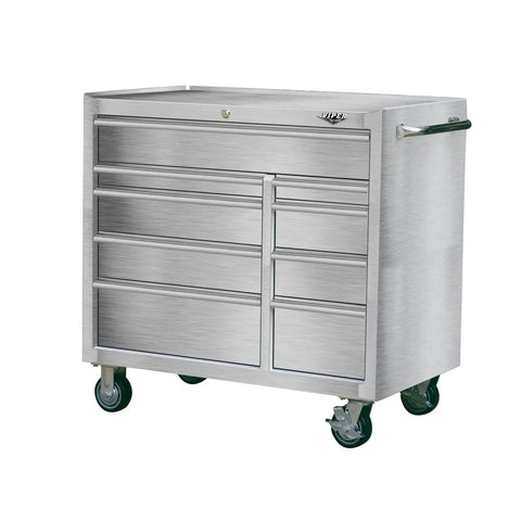 Top Shelf 9 Drawer Stainless Steel Tool Cabinet Rock Solid Rolling Chest Premium 304 Build, heavy-duty tool cart with wheels.