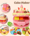 Cake mold tool from 70 Piece Kids Dough Set 4 In 1 With Ice Cream Maker Noodle Maker Hamburger And Cake Mold Tools Creative Play Food Kit For Toddlers And Kids Ages 3 To 8, showing dough shapes and colorful accessories.