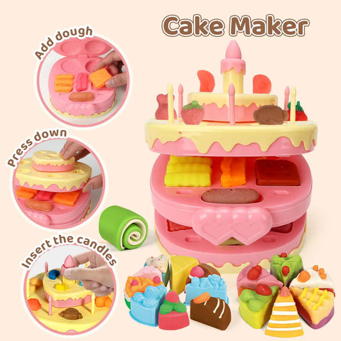 Cake mold tool from 70 Piece Kids Dough Set 4 In 1 With Ice Cream Maker Noodle Maker Hamburger And Cake Mold Tools Creative Play Food Kit For Toddlers And Kids Ages 3 To 8, showing dough shapes and colorful accessories.