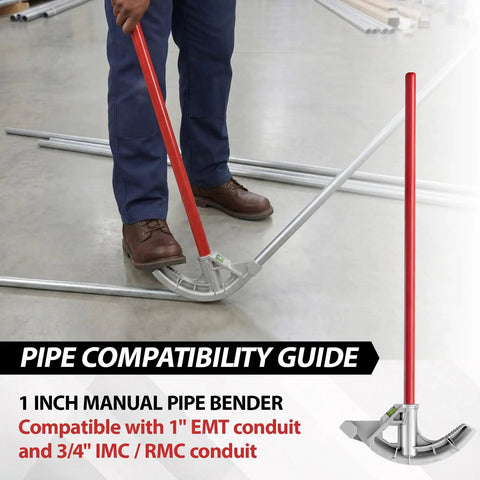 1 Inch Aluminum EMT Conduit Bender With Foot Pedal And Degree Marks Heavy Duty Manual Pipe Bending Tool in use bending pipe