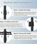 Steps for assembling the Beefy 2 Tier Metal Wire Storage Shelves With Adjustable Racks, tool-free, snap-in clips, black steel.