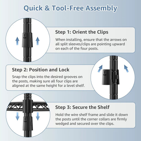 Steps for assembling the Beefy 2 Tier Metal Wire Storage Shelves With Adjustable Racks, tool-free, snap-in clips, black steel.