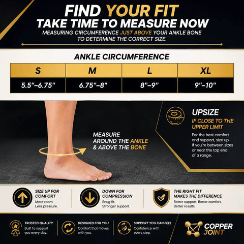 Size chart for Copper Infused Ankle Compression Sleeve For Women And Men Breathable All Day Comfort Your Go To Support Size XL