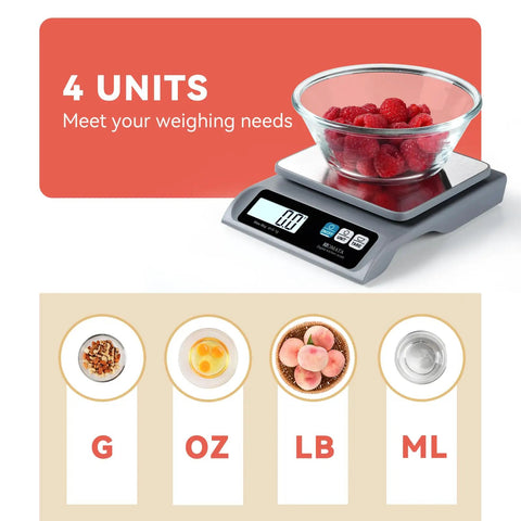 Must Have Digital Kitchen Scale With 13lb Capacity And 0.1g Precision Removable Stainless Steel Pan Backlit LCD Display Perfect For Cooking And Baking Easy To Use For Precise Weighing In Grams And Ounces Grey displaying different units of measurement with raspberries on the pan