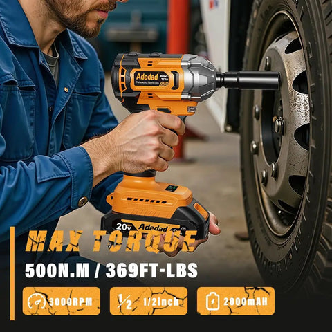 Person using Cordless Impact Wrench Half Inch Drive With Brushless Motor, 20V, 406 Nm Torque, 4.0Ah Battery on car tire