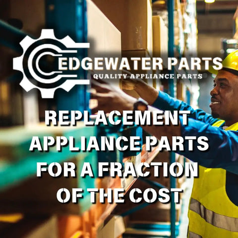Warehouse worker in safety gear inspecting appliance parts labeled as Edgewater Parts with text overlay about replacement parts.