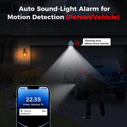 4K 8MP PoE PTZ Security Camera System With All Around Auto Tracking Human And Vehicle Detection spotlight on intruder