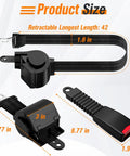 Four Piece Universal Golf Cart Seat Belt Kit DOT Certified With 42 Inch Retractable Belts dimensions and components.