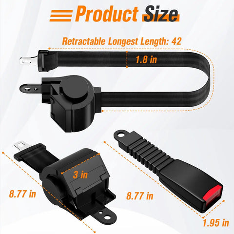 Four Piece Universal Golf Cart Seat Belt Kit DOT Certified With 42 Inch Retractable Belts dimensions and components.