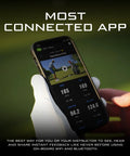 Portable Golf Launch Monitor And Simulator With 5D AI Radar app interface on smartphone display outdoors.