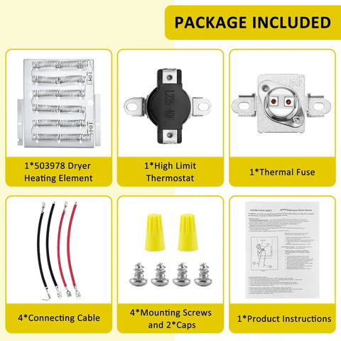 Replacement Dryer Heating Element 61927 503978 with thermostat, fuse, cables, screws, and instructions, 1-year warranty.
