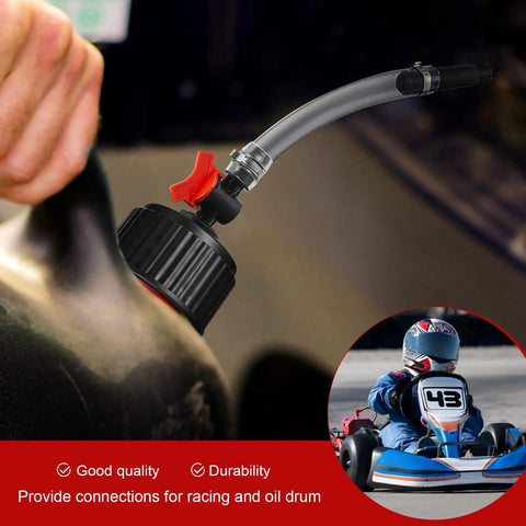 4 Piece Racing Fuel Jug Cap Kit With 2 Caps And 2 Hoses For 5 Gallon Gas Cans, shown with durable filler hose system