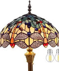 Dope Tiffany Style Floor Lamp With Blue And Yellow Dragonfly Stained Glass 64 Inch Standing Reading Light Antique Bronze Base Pull Chain