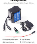 12V 5200mAh Lithium Battery Pack With 1A Charger for LED Strips RC Cars and more, includes power connectors and pigtail cable.