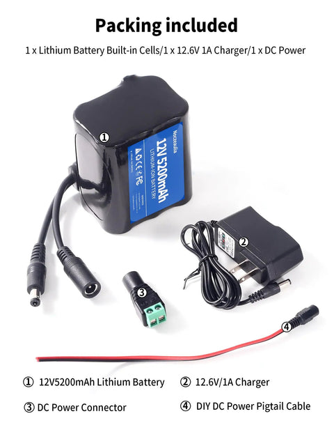12V 5200mAh Lithium Battery Pack With 1A Charger for LED Strips RC Cars and more, includes power connectors and pigtail cable.